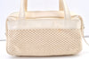 Authentic CHANEL Cotton Leather CC Logo Hand Boston Bag Purse White Cream 1619K