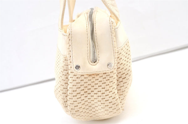 Authentic CHANEL Cotton Leather CC Logo Hand Boston Bag Purse White Cream 1619K