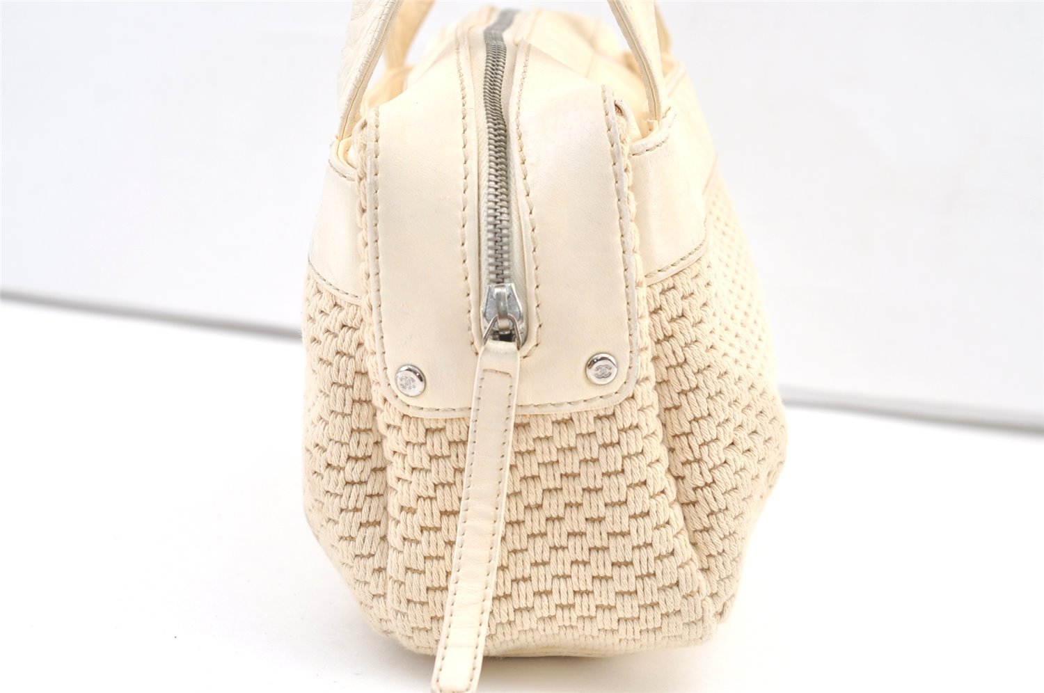 Authentic CHANEL Cotton Leather CC Logo Hand Boston Bag Purse White Cream 1619K