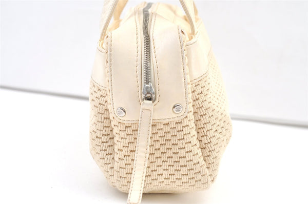 Authentic CHANEL Cotton Leather CC Logo Hand Boston Bag Purse White Cream 1619K
