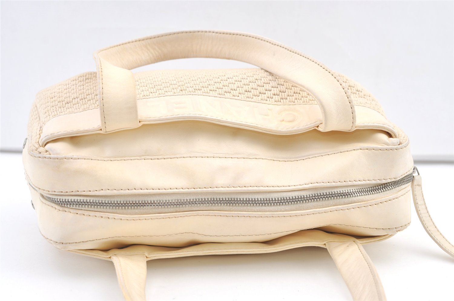 Authentic CHANEL Cotton Leather CC Logo Hand Boston Bag Purse White Cream 1619K