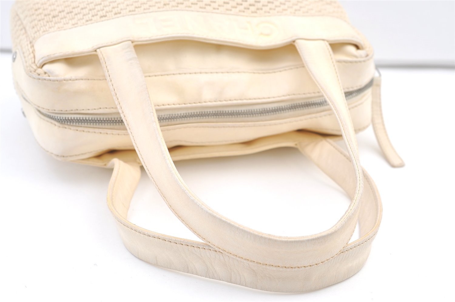 Authentic CHANEL Cotton Leather CC Logo Hand Boston Bag Purse White Cream 1619K