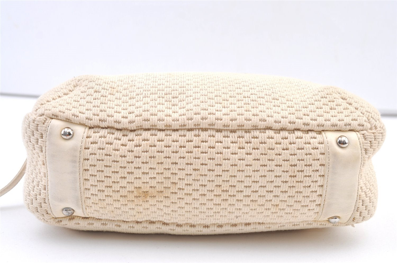 Authentic CHANEL Cotton Leather CC Logo Hand Boston Bag Purse White Cream 1619K