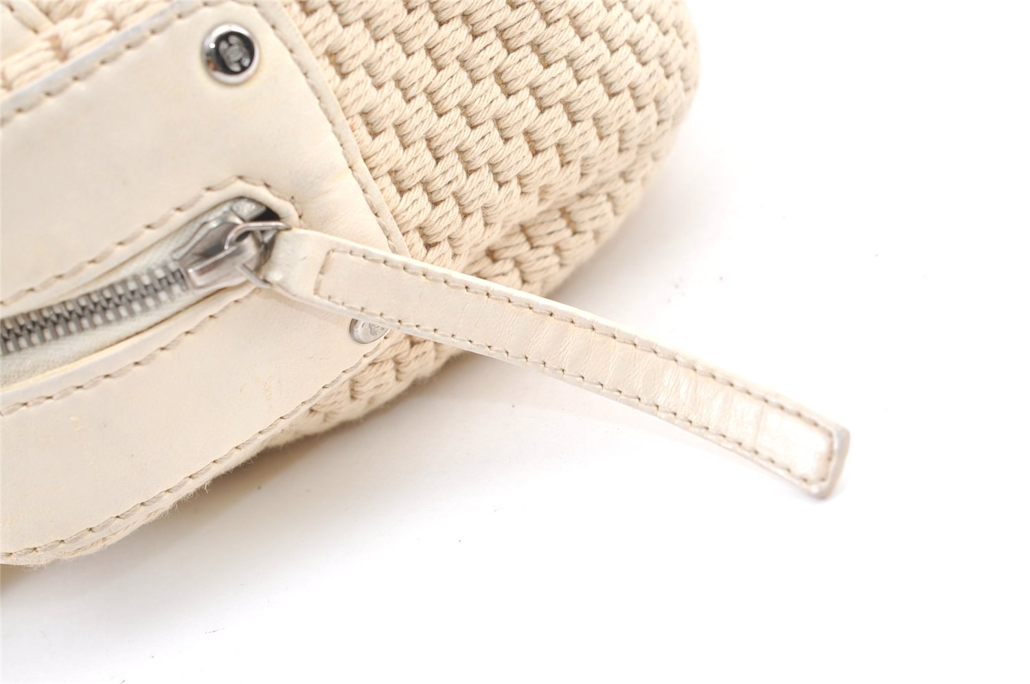 Authentic CHANEL Cotton Leather CC Logo Hand Boston Bag Purse White Cream 1619K