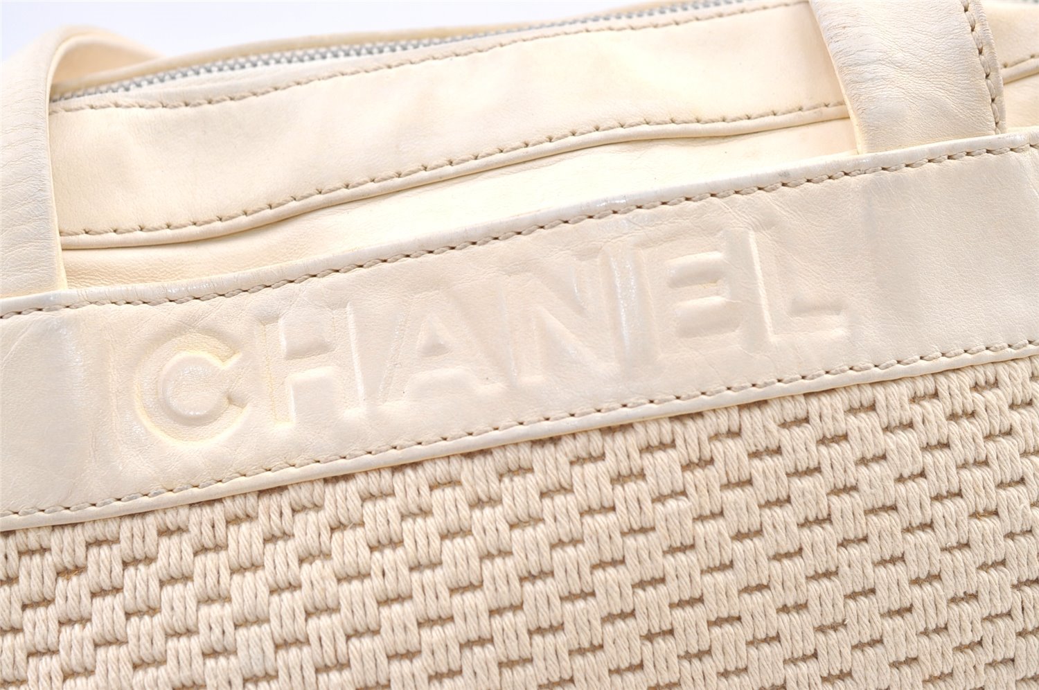 Authentic CHANEL Cotton Leather CC Logo Hand Boston Bag Purse White Cream 1619K
