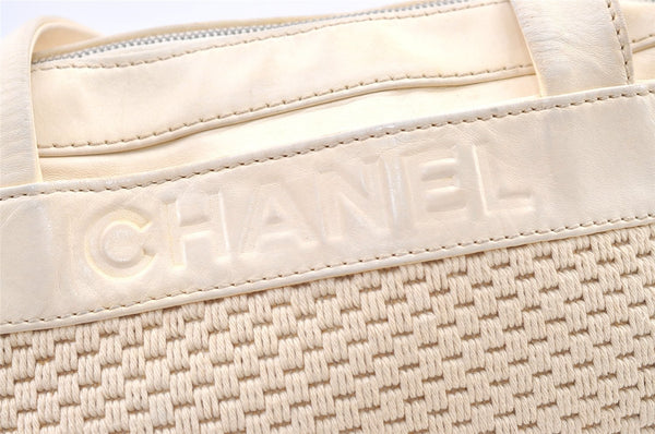 Authentic CHANEL Cotton Leather CC Logo Hand Boston Bag Purse White Cream 1619K