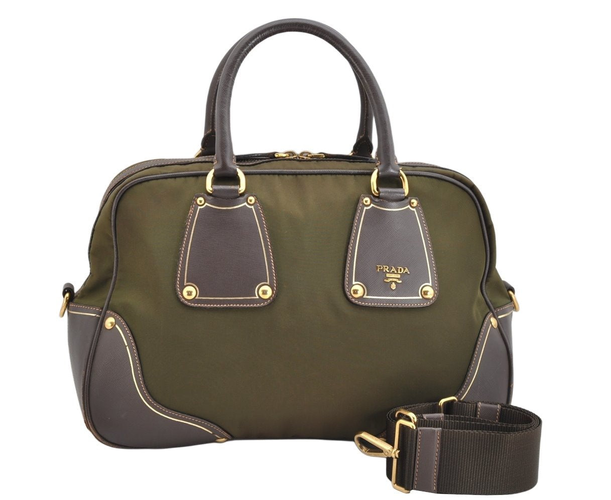 Authentic PRADA Nylon Leather 2Way Hand Bag Khaki Green 1626K