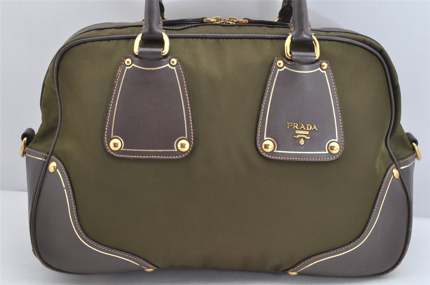 Authentic PRADA Nylon Leather 2Way Hand Bag Khaki Green 1626K