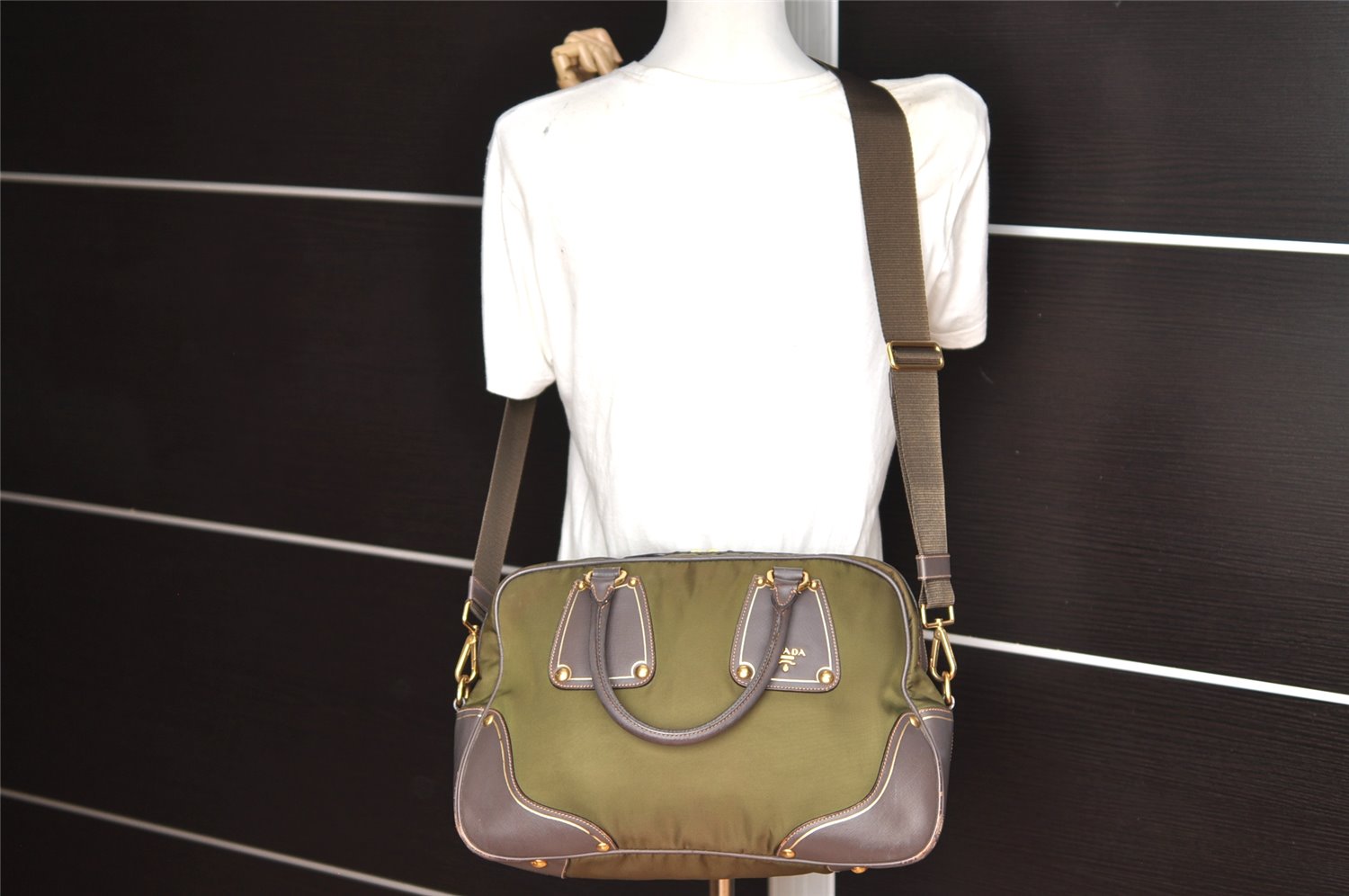 Authentic PRADA Nylon Leather 2Way Hand Bag Khaki Green 1626K