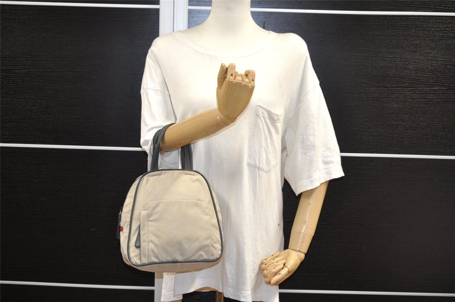 Authentic PRADA Vintage Sports Polyester Hand Bag Purse Beige 1630I