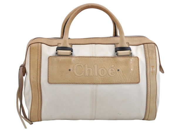 Authentic Chloe Vintage ALICE Hand Boston Bag Canvas Leather Cream Beige 1630K