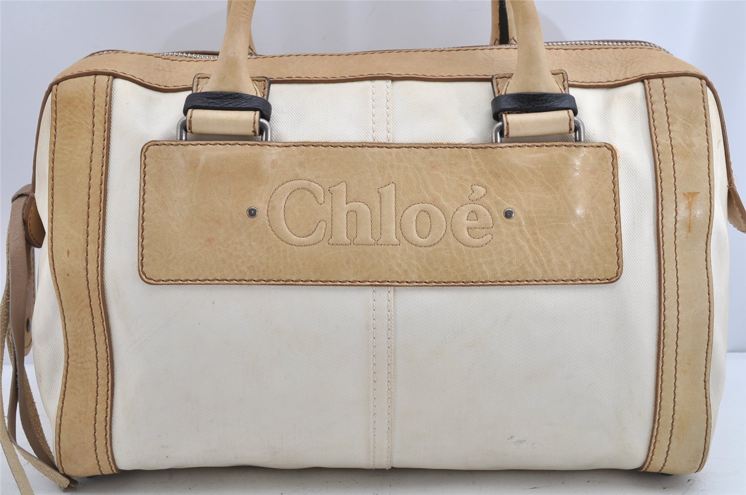 Authentic Chloe Vintage ALICE Hand Boston Bag Canvas Leather Cream Beige 1630K