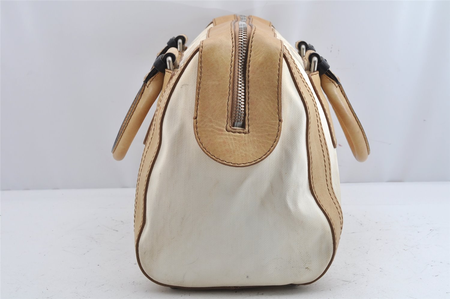 Authentic Chloe Vintage ALICE Hand Boston Bag Canvas Leather Cream Beige 1630K