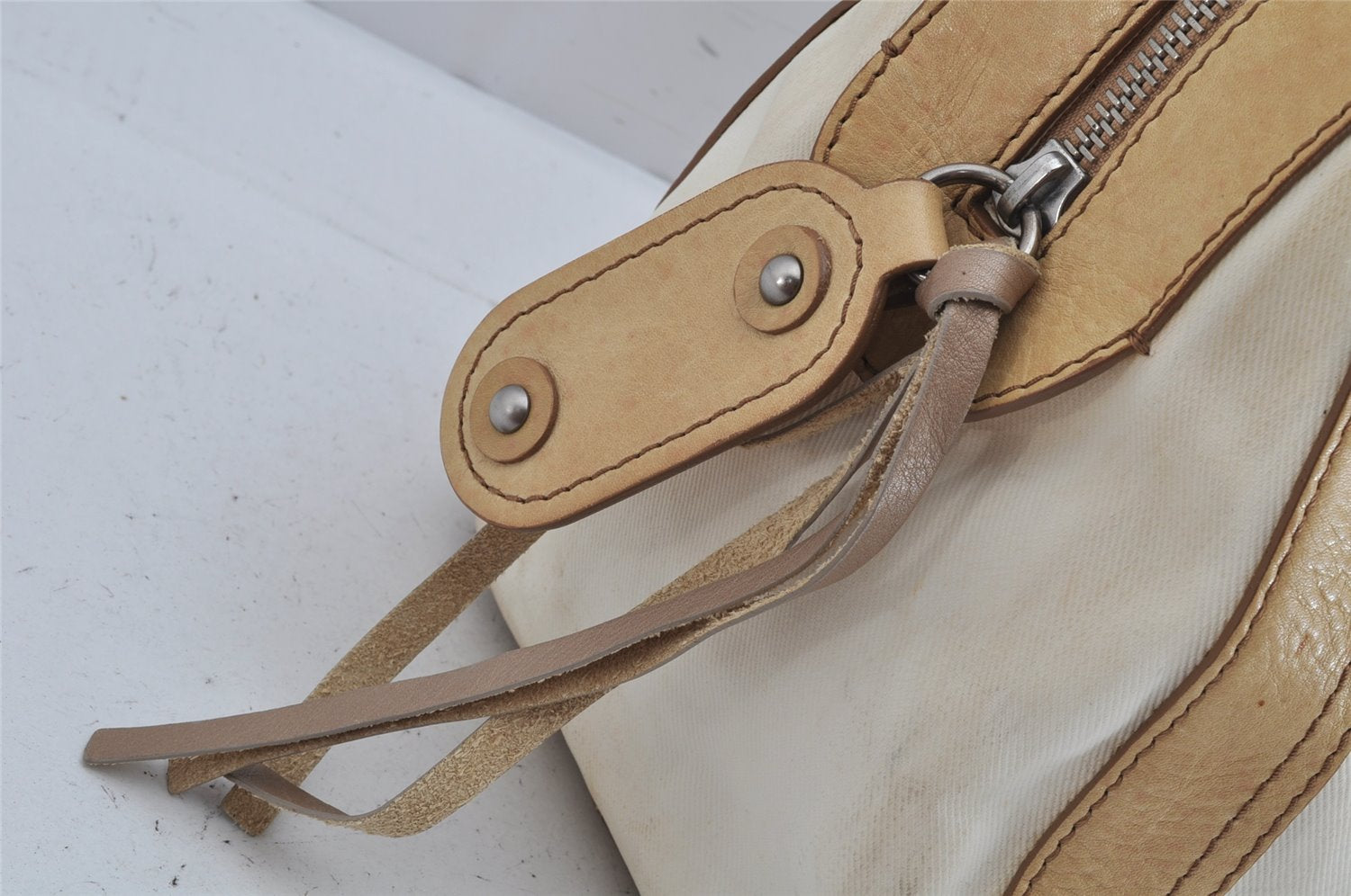 Authentic Chloe Vintage ALICE Hand Boston Bag Canvas Leather Cream Beige 1630K