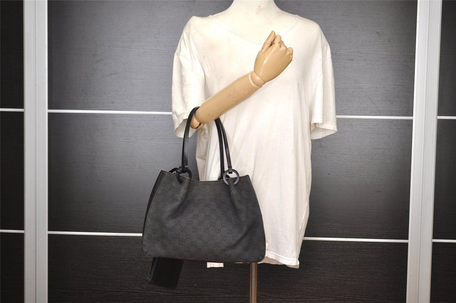 Authentic GUCCI Hand Tote Bag Purse GG Canvas Leather 101919 Black 1631I