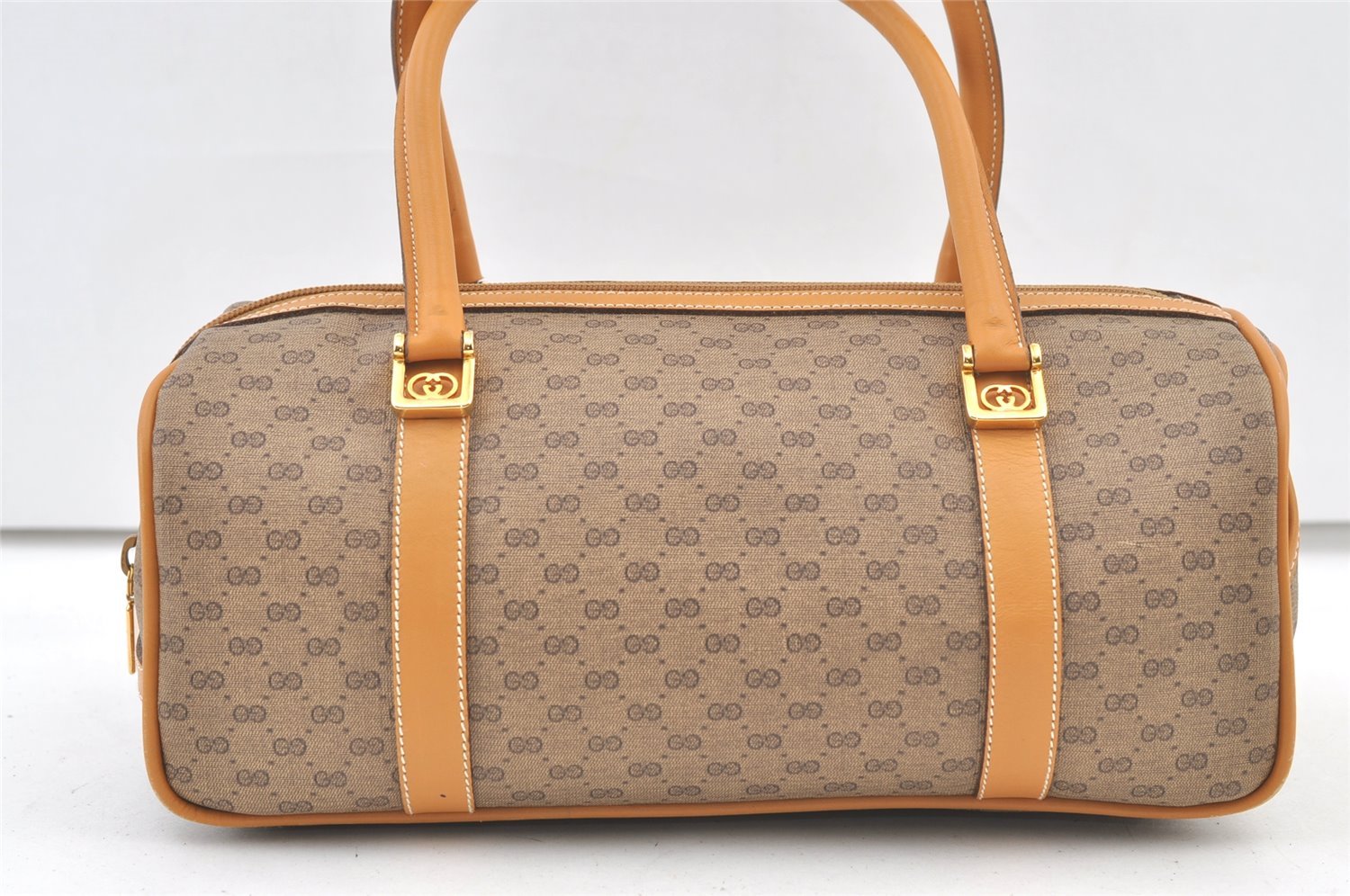 Authentic GUCCI Micro GG PVC Leather Hand Boston Bag Purse Brown 1631K