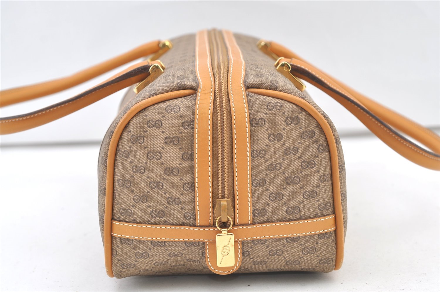 Authentic GUCCI Micro GG PVC Leather Hand Boston Bag Purse Brown 1631K