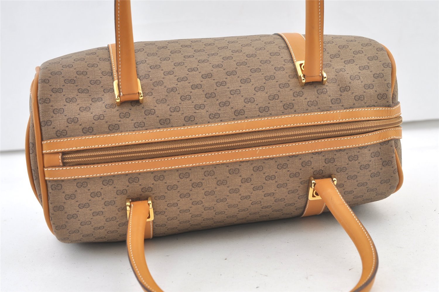 Authentic GUCCI Micro GG PVC Leather Hand Boston Bag Purse Brown 1631K
