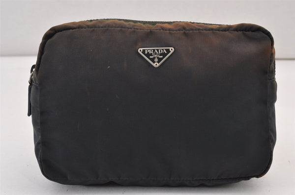 Authentic PRADA Nylon Leather Cosmetic Pouch Purse Black Khaki 1632K