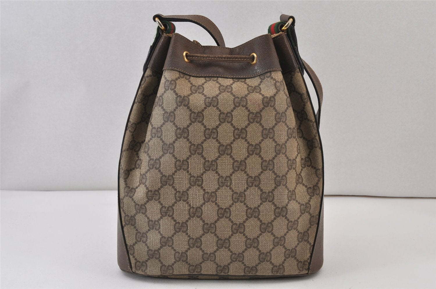 Authentic GUCCI Web Sherry Line Drawstring Bag GG PVC Leather Brown Junk 1634K