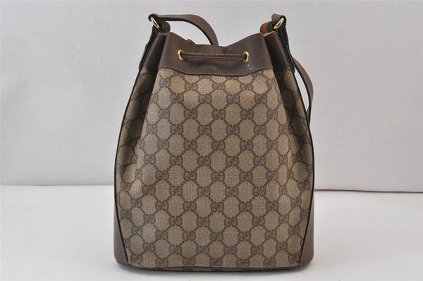 Authentic GUCCI Web Sherry Line Drawstring Bag GG PVC Leather Brown Junk 1634K