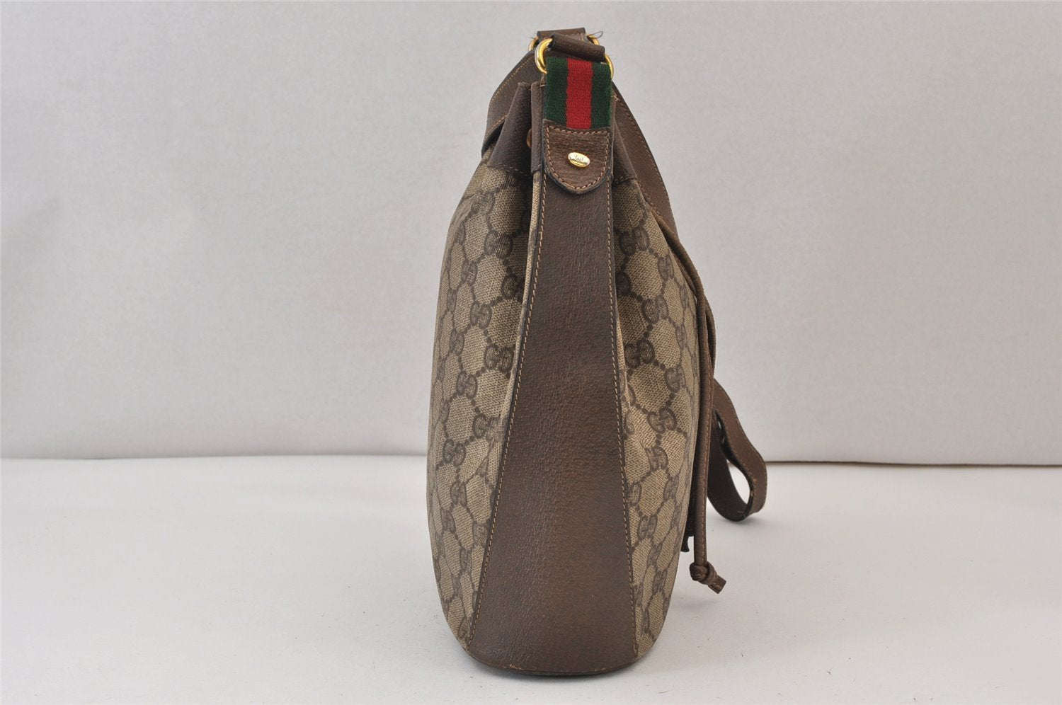 Authentic GUCCI Web Sherry Line Drawstring Bag GG PVC Leather Brown Junk 1634K