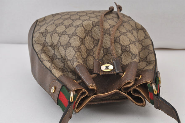 Authentic GUCCI Web Sherry Line Drawstring Bag GG PVC Leather Brown Junk 1634K