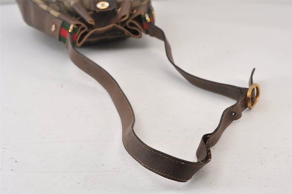 Authentic GUCCI Web Sherry Line Drawstring Bag GG PVC Leather Brown Junk 1634K