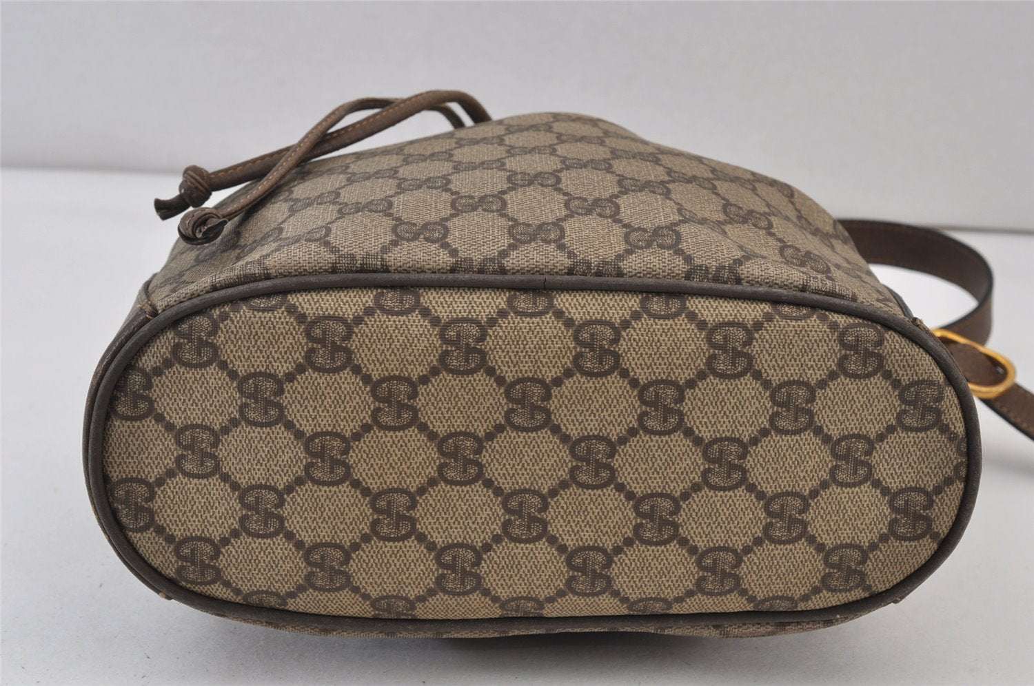 Authentic GUCCI Web Sherry Line Drawstring Bag GG PVC Leather Brown Junk 1634K