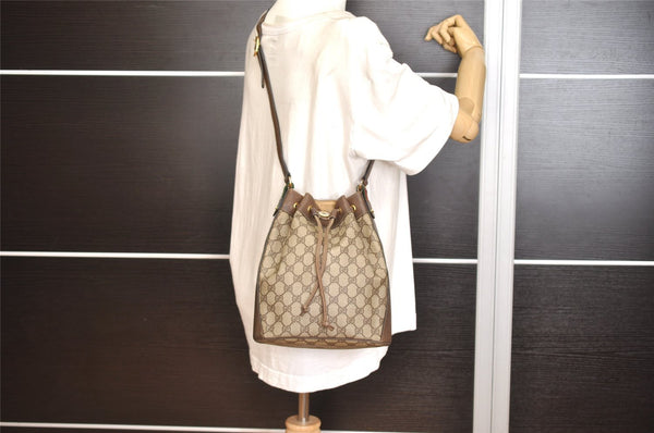 Authentic GUCCI Web Sherry Line Drawstring Bag GG PVC Leather Brown Junk 1634K