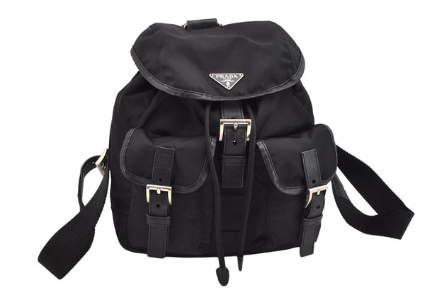 Authentic PRADA Nylon Leather Drawstring Backpack Purse Black 1635K