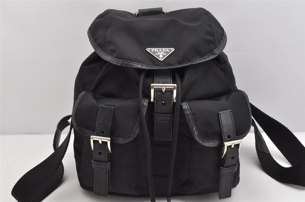 Authentic PRADA Nylon Leather Drawstring Backpack Purse Black 1635K