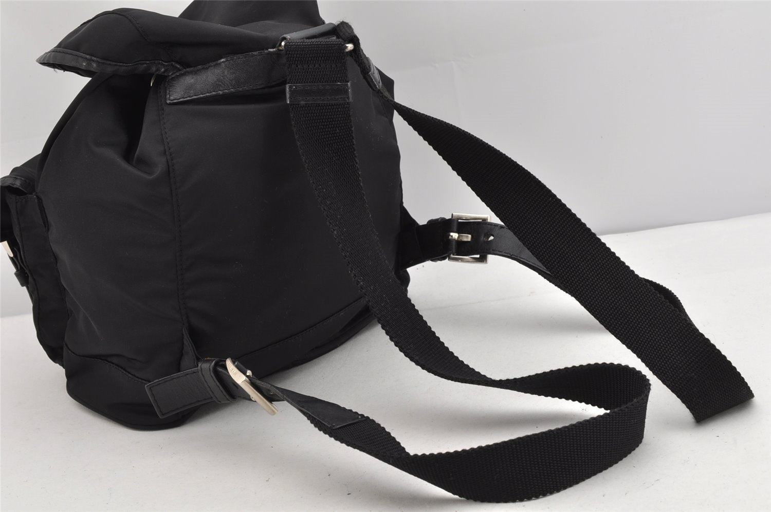 Authentic PRADA Nylon Leather Drawstring Backpack Purse Black 1635K