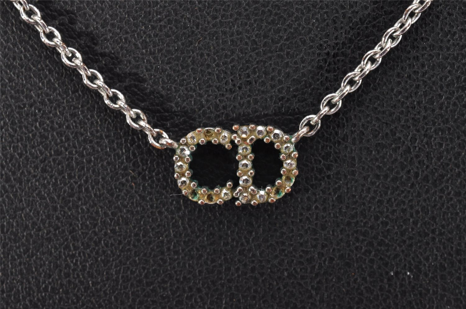 Authentic Christian Dior Silver Tone Chain Rhinestone Necklace CD 1640J