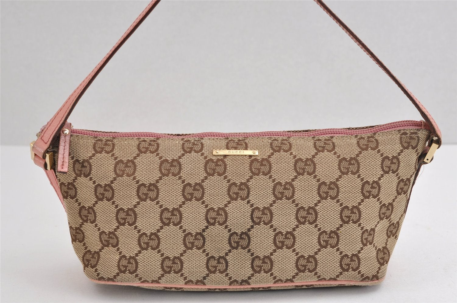 Authentic GUCCI Vintage Hand Bag Pouch Purse GG Canvas Leather 07198 Brown 1642J