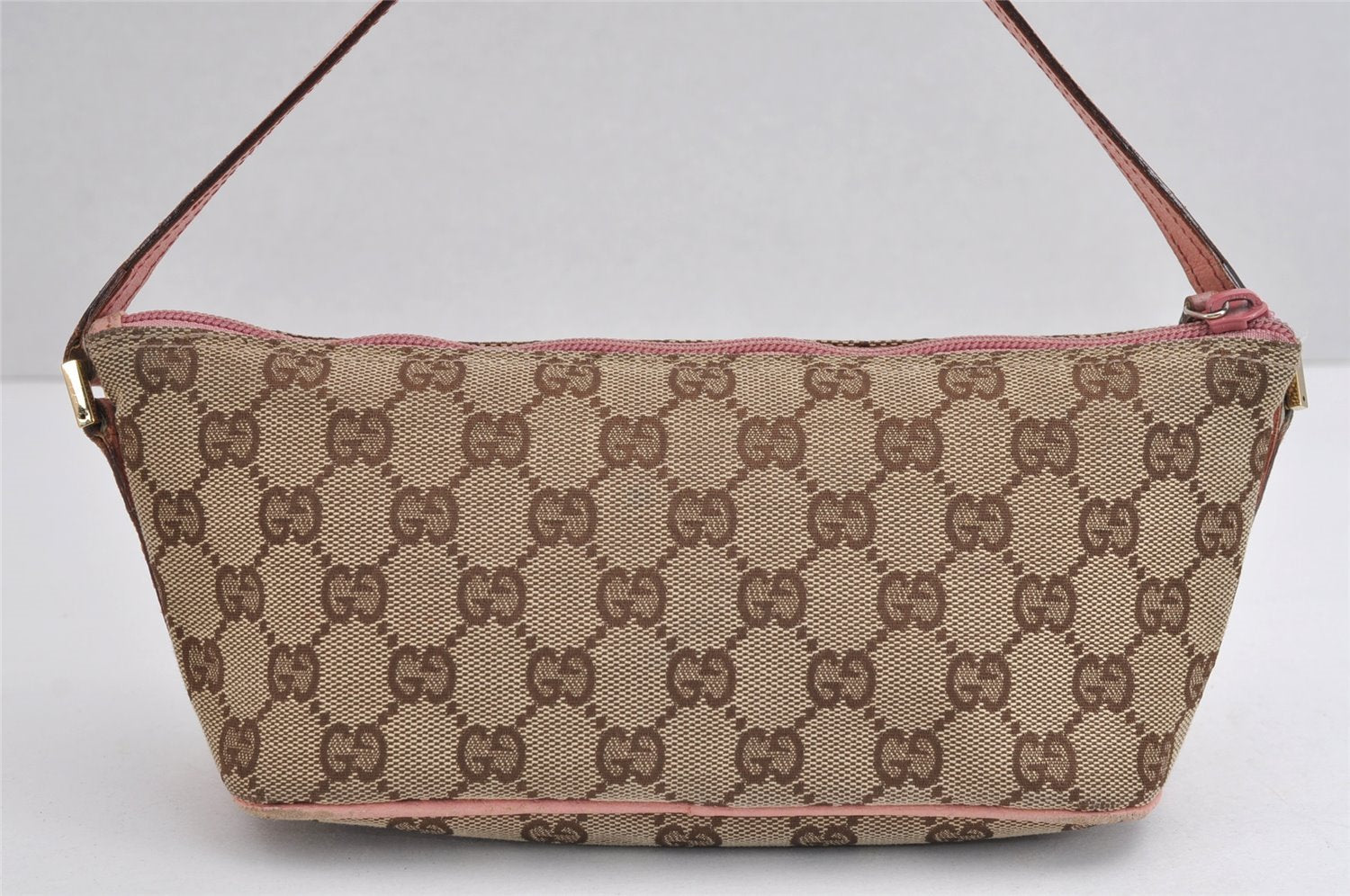 Authentic GUCCI Vintage Hand Bag Pouch Purse GG Canvas Leather 07198 Brown 1642J