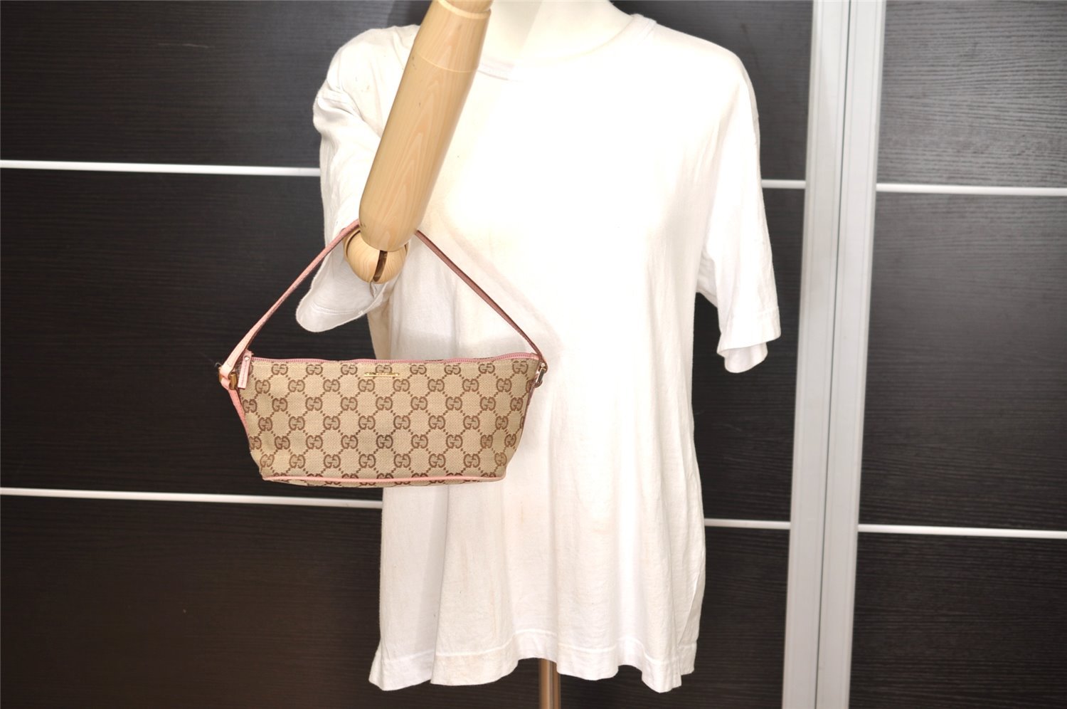 Authentic GUCCI Vintage Hand Bag Pouch Purse GG Canvas Leather 07198 Brown 1642J