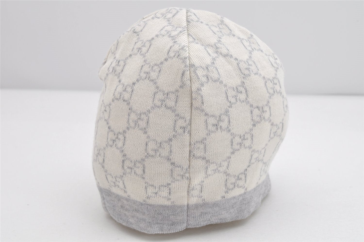Authentic GUCCI Vintage Beanie Knit Cap For Baby GG Wool Size S White Gray 1646K