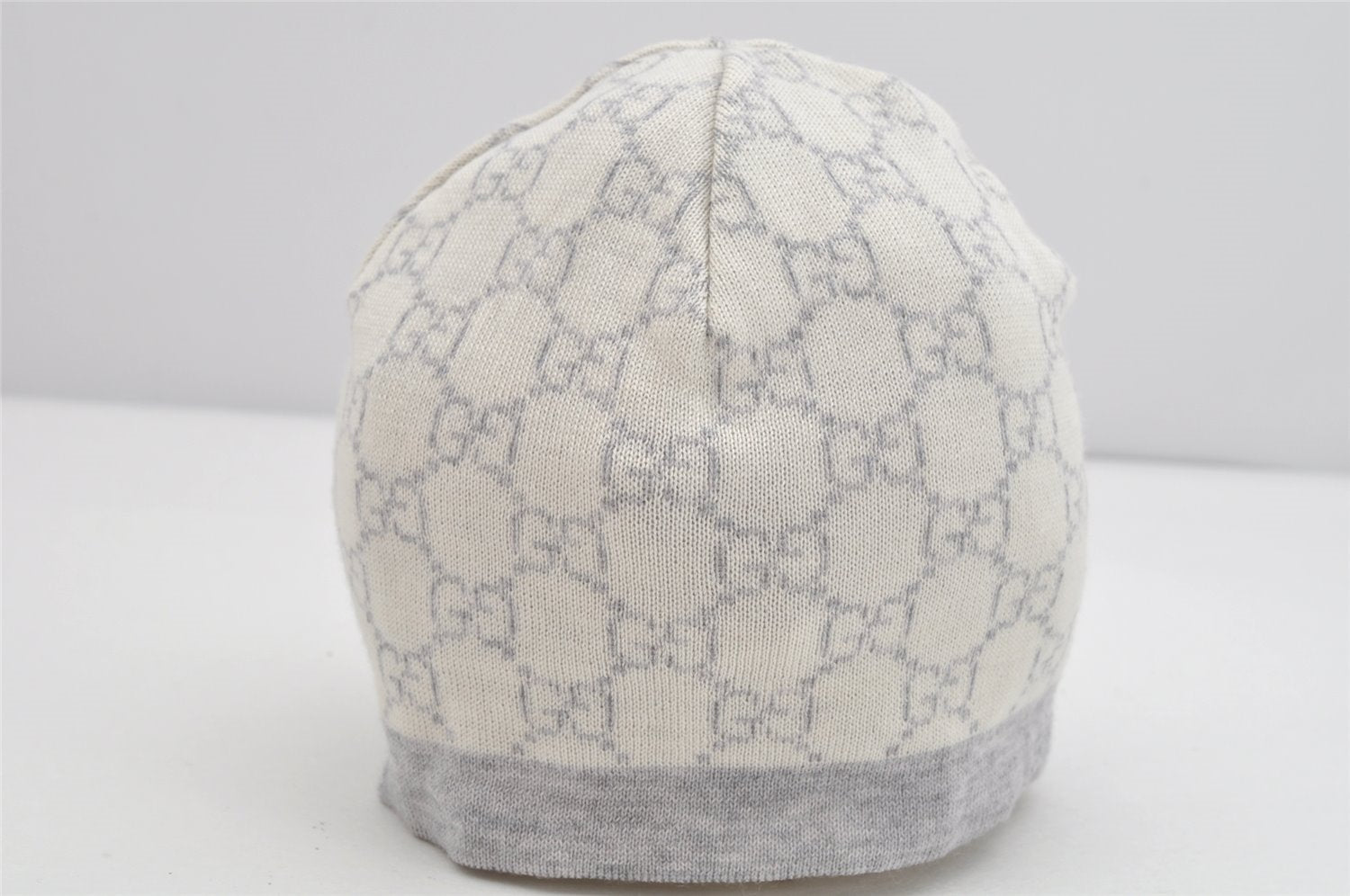 Authentic GUCCI Vintage Beanie Knit Cap For Baby GG Wool Size S White Gray 1646K