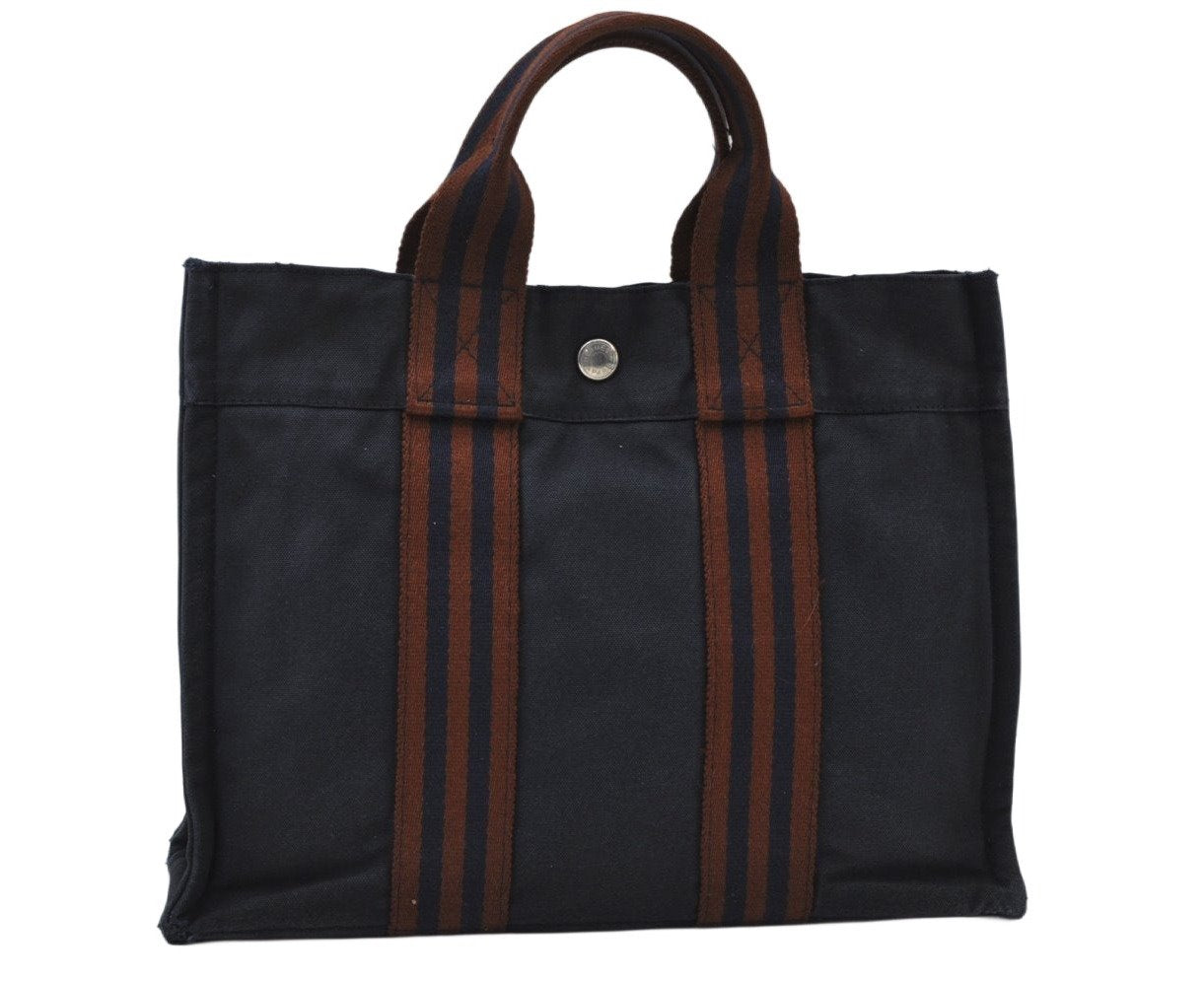 Authentic HERMES Fourre Tout PM Hand Tote Bag Canvas Navy Blue 1648I