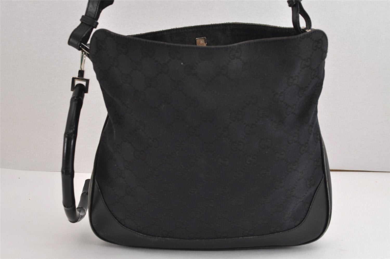 Auth GUCCI Bamboo Sherry Line 2Way Shoulder Bag GG Canvas Leather Black 1648J