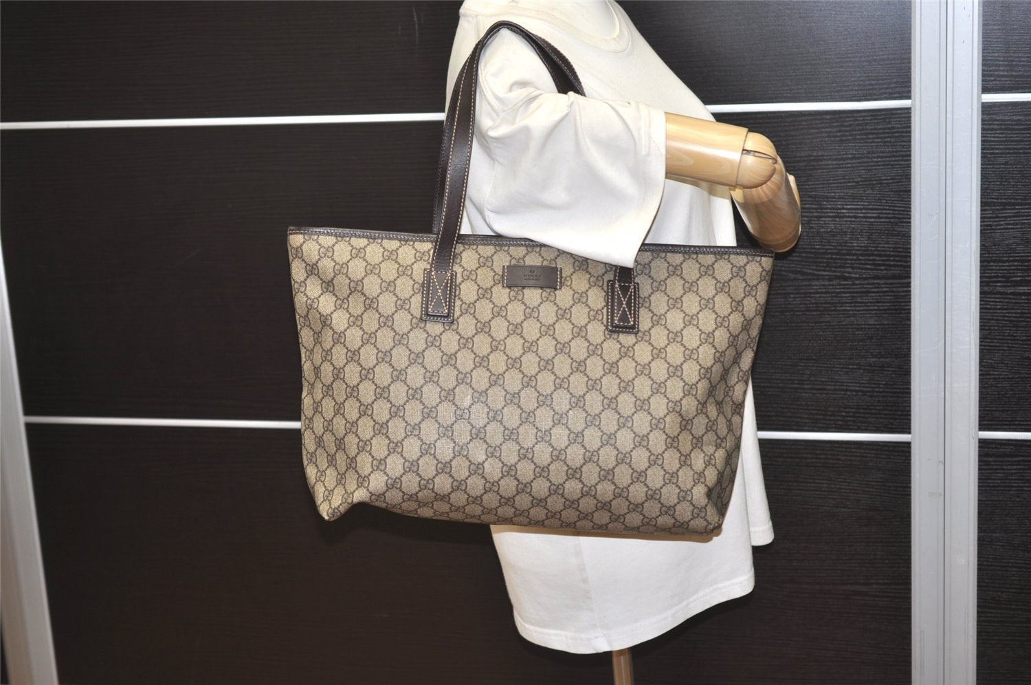 Authentic GUCCI Vintage Shoulder Tote Bag GG PVC Leather 211137 Brown 1649J