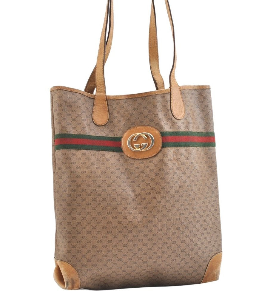 Authentic GUCCI Web Sherry Line Micro GG PVC Leather Tote Bag Brown 1651K