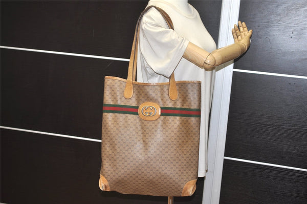 Authentic GUCCI Web Sherry Line Micro GG PVC Leather Tote Bag Brown 1651K