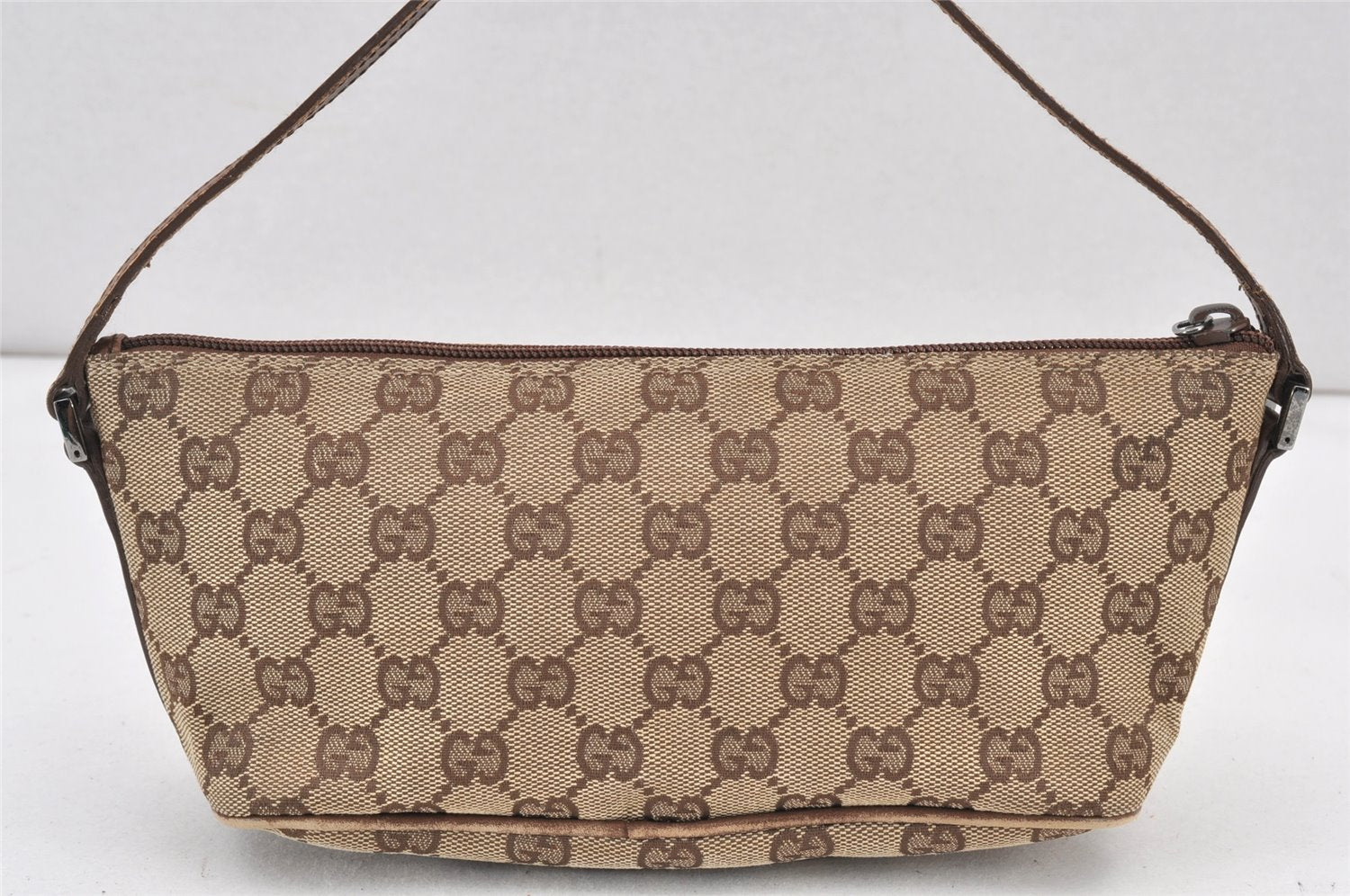 Authentic GUCCI Vintage Hand Bag Pouch Purse GG Canvas Leather 07198 Brown 1652K