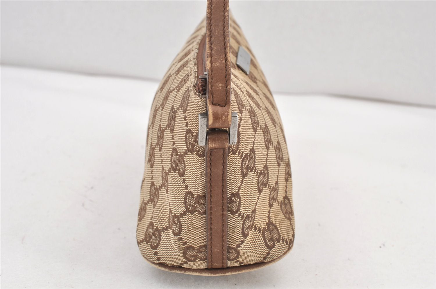 Authentic GUCCI Vintage Hand Bag Pouch Purse GG Canvas Leather 07198 Brown 1652K