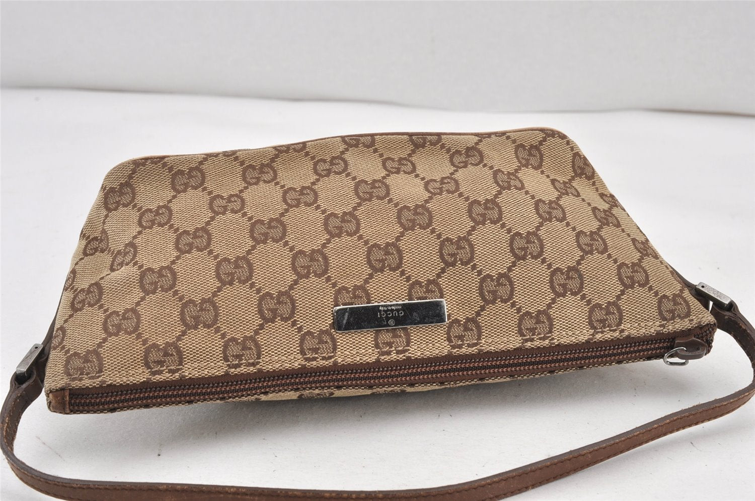 Authentic GUCCI Vintage Hand Bag Pouch Purse GG Canvas Leather 07198 Brown 1652K
