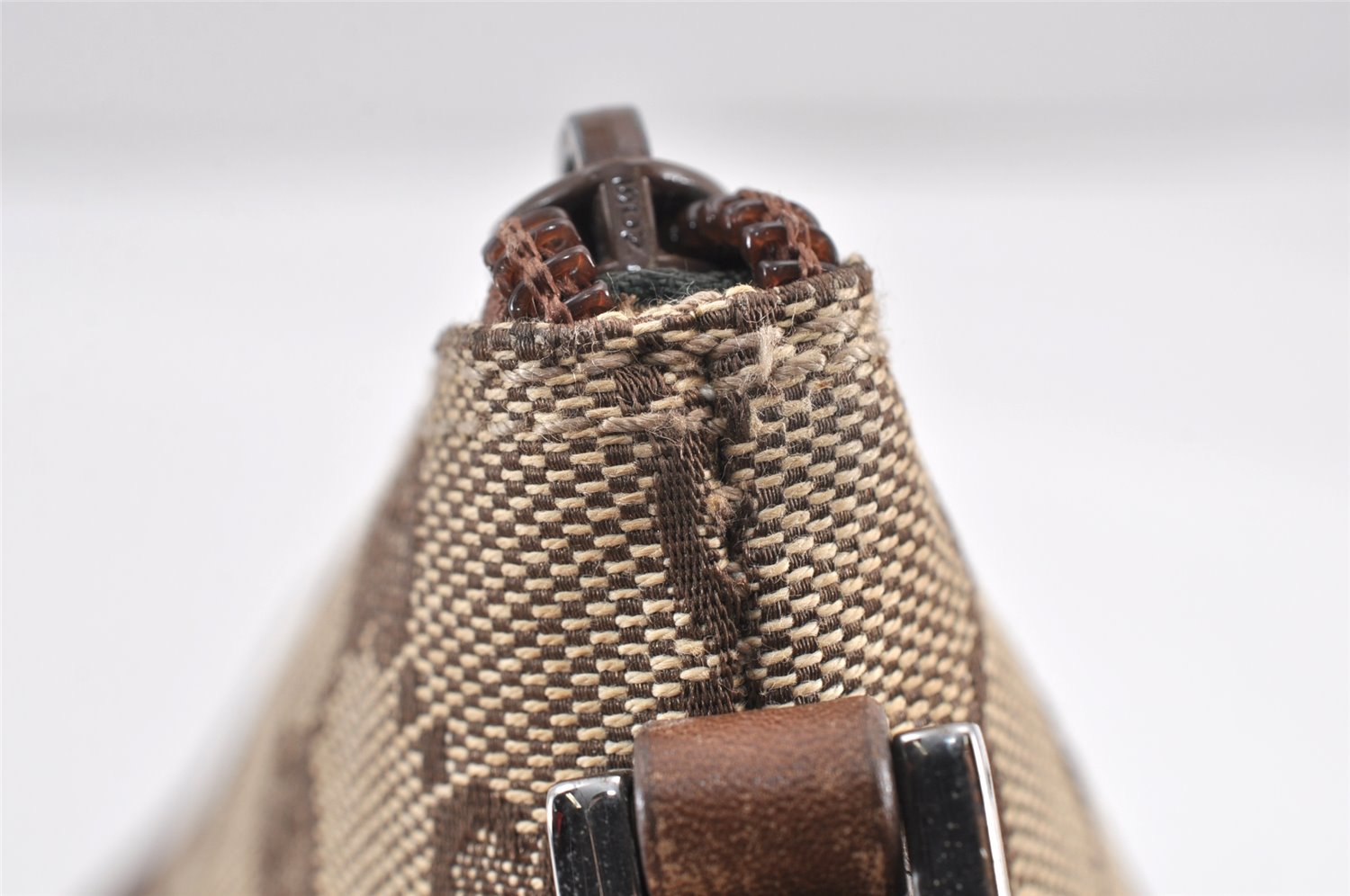 Authentic GUCCI Vintage Hand Bag Pouch Purse GG Canvas Leather 07198 Brown 1652K