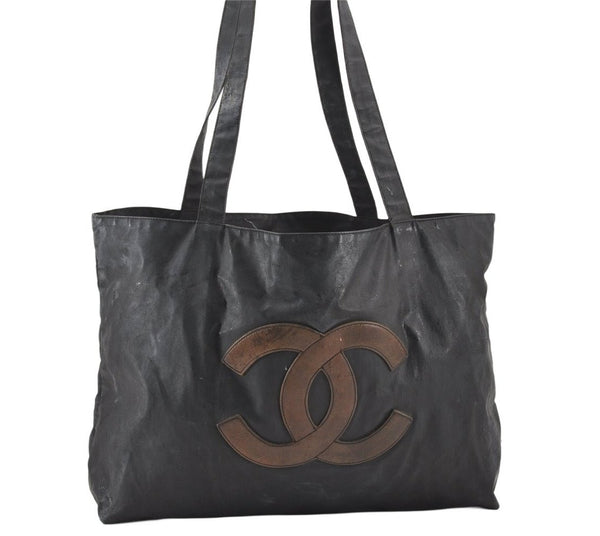 Authentic CHANEL Vintage CC Logo Shoulder Tote Bag PVC Leather Black 1653K