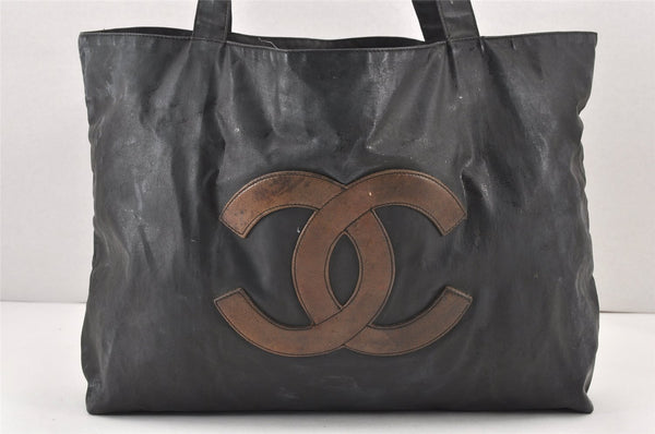 Authentic CHANEL Vintage CC Logo Shoulder Tote Bag PVC Leather Black 1653K